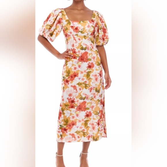 Moon River Dresses & Skirts - Moon River Floral Puff Sleeve Dress - Pink, Orange, Green EUC PTP 17 XS